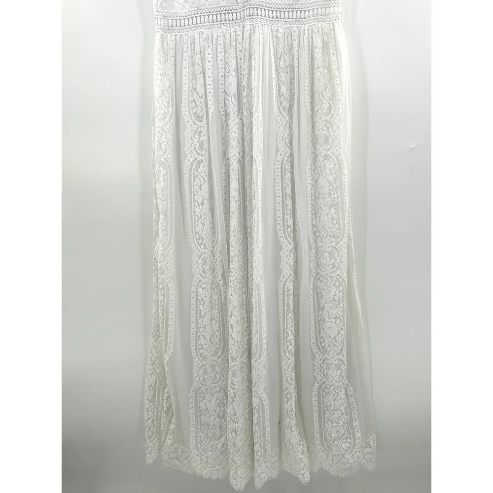 White Lace Boho Maxi Dress Cottagecore Romantic Bridal Style Long Dress Medium - Picture 4 of 9